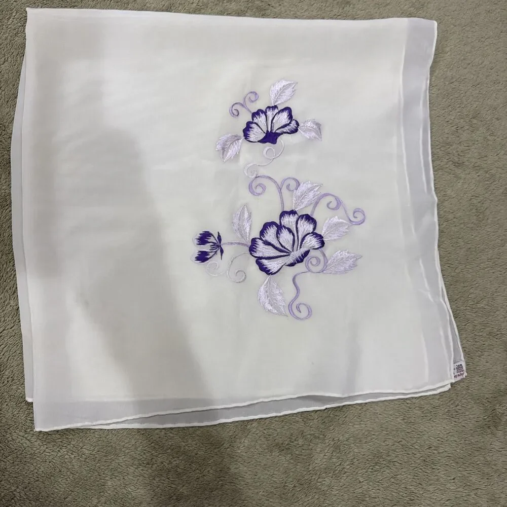 Vintage Crepe De Chine Hand Rolled Scarf Purple Flowers